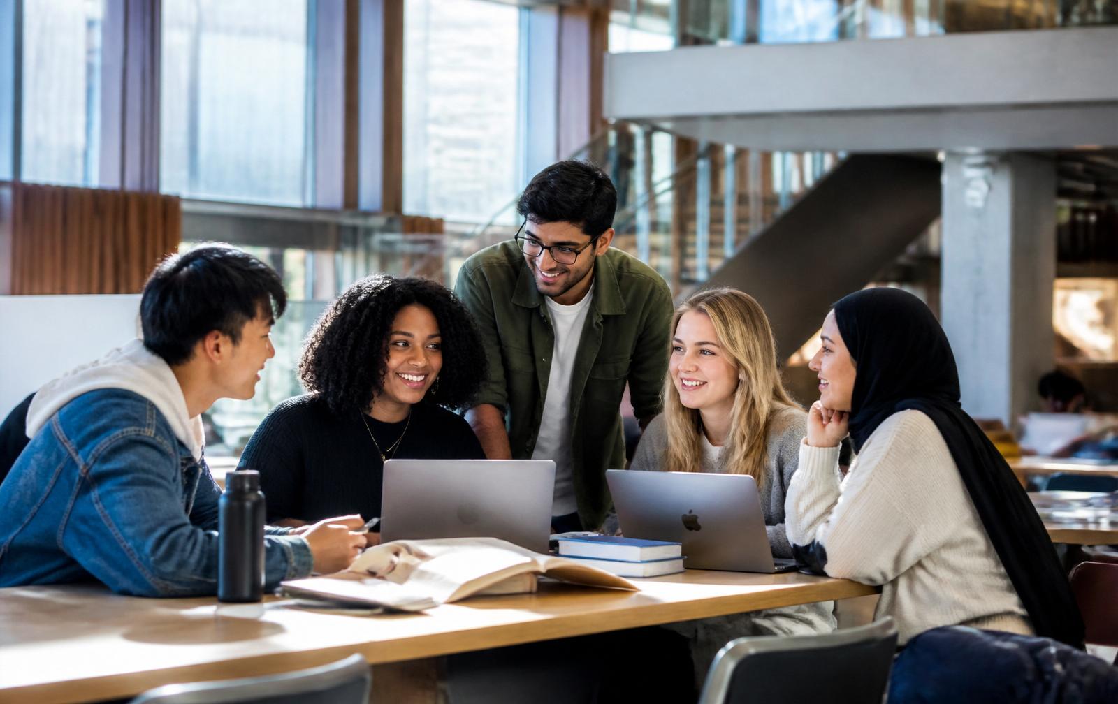 International students studying together on a modern university campus