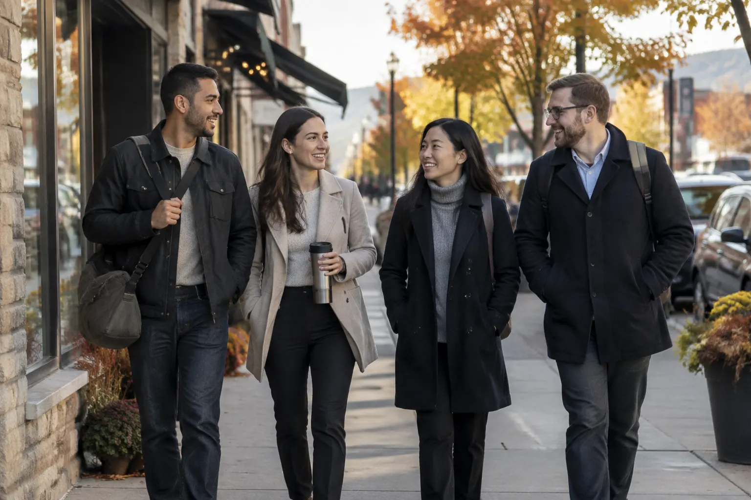 Workers walking along a small-town street in autumn.