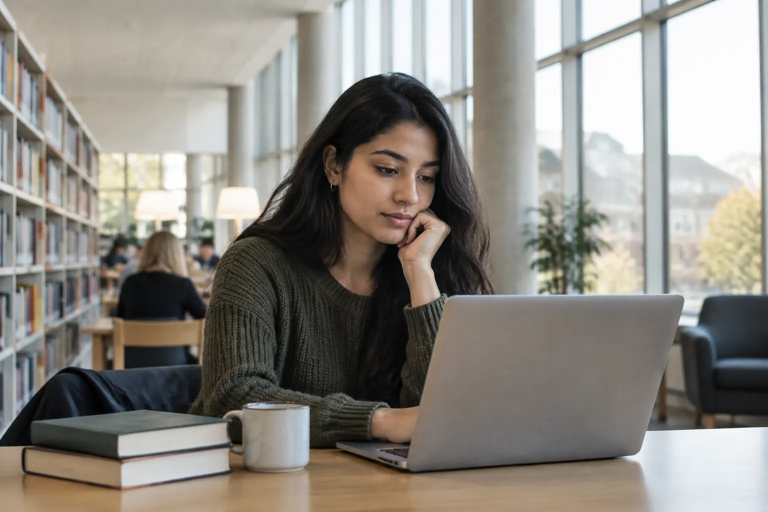 International student using a laptop in a bright university library