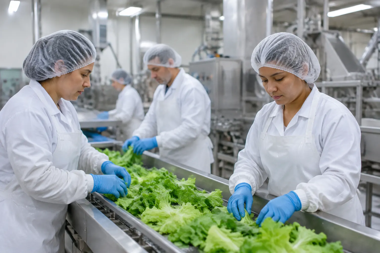 Workers in protective clothing inside a modern food processing facility