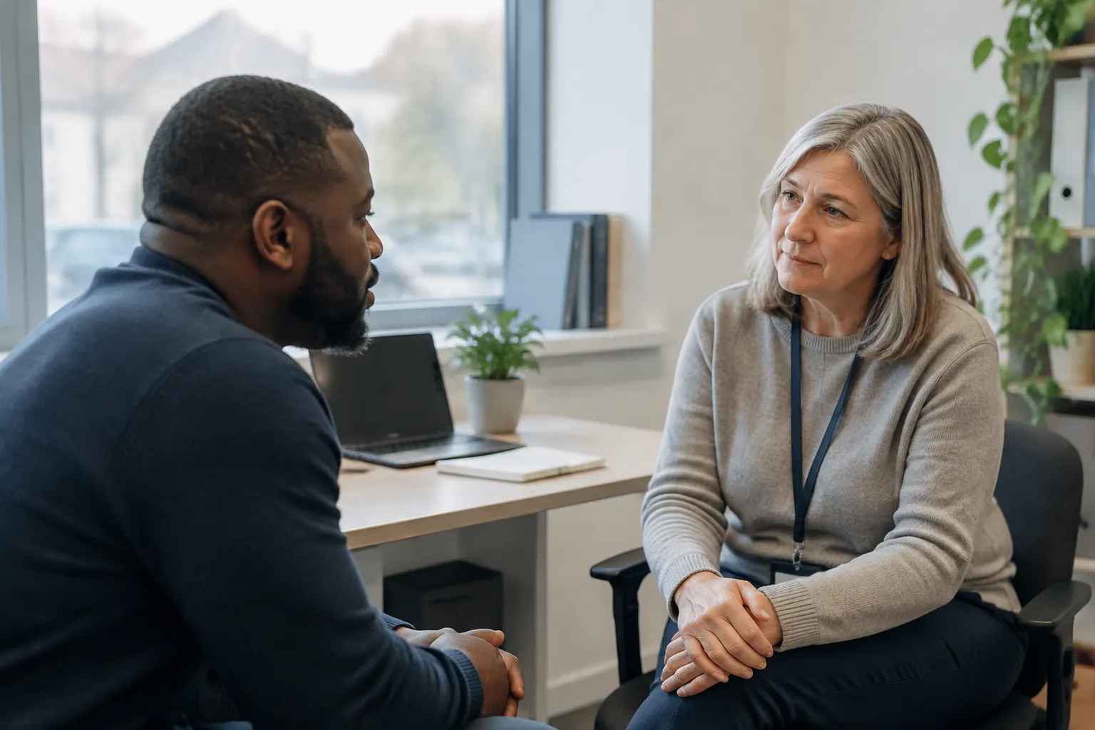 Worker speaking privately with an adviser in a naturally lit office.