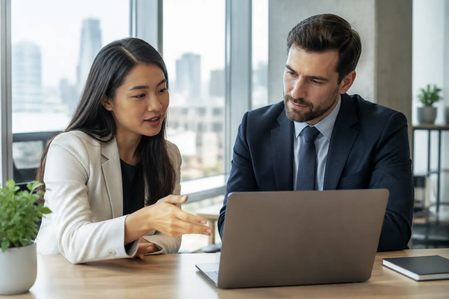 Two professionals discussing employment plans in a modern office