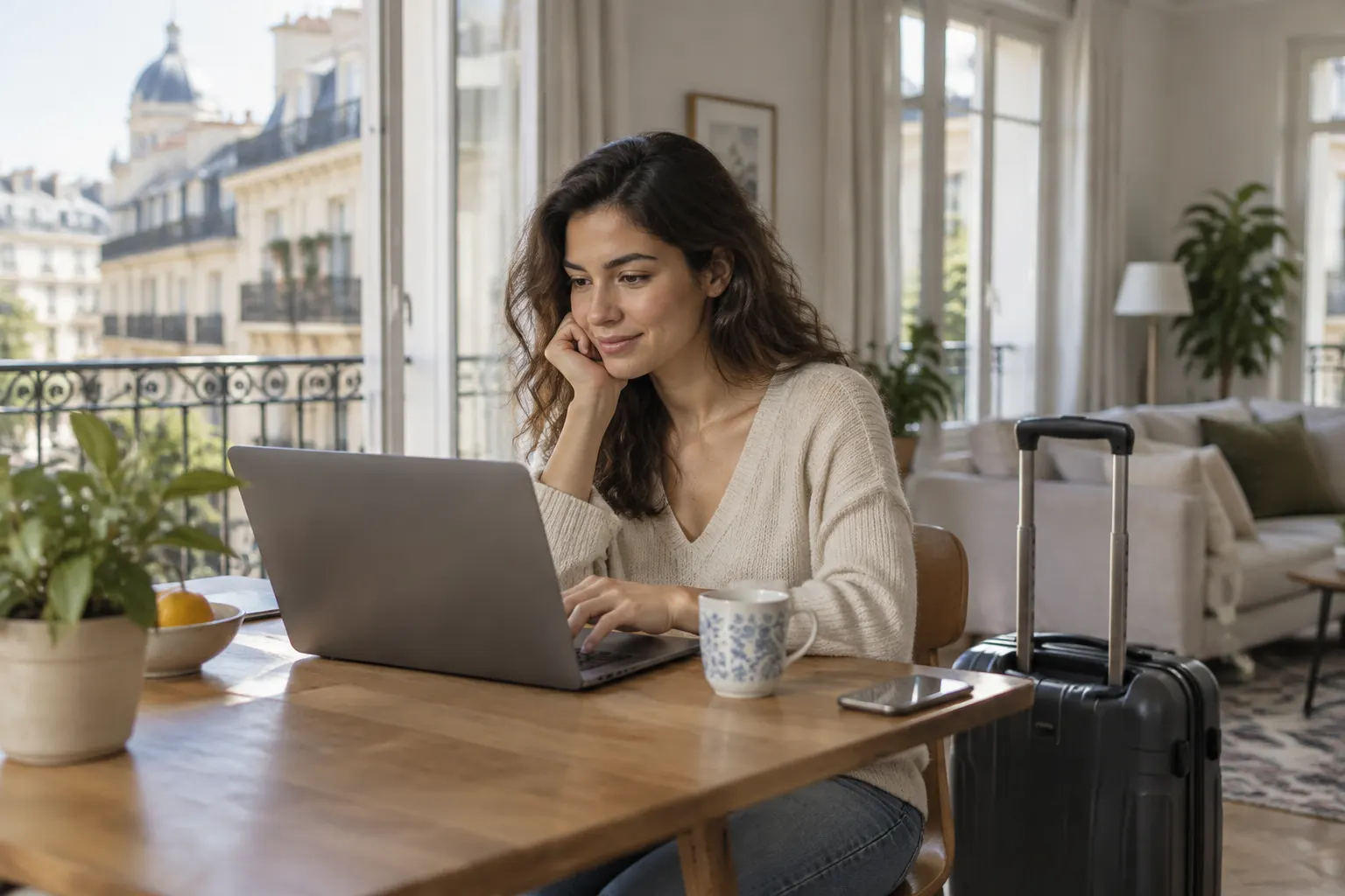 Traveller using a laptop beside a suitcase after arriving at an apartment in France