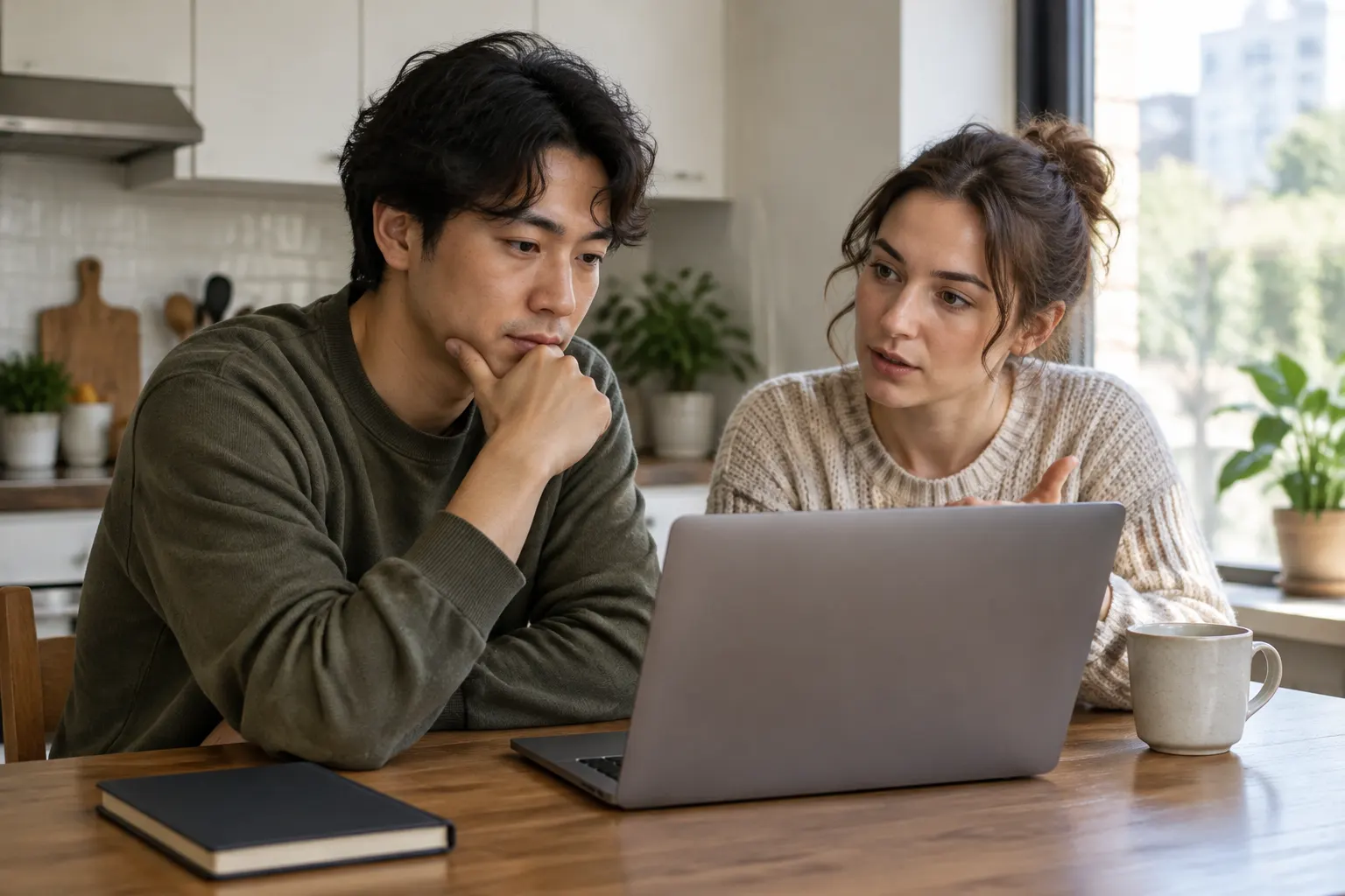 International student and partner reviewing study plans together at a kitchen table