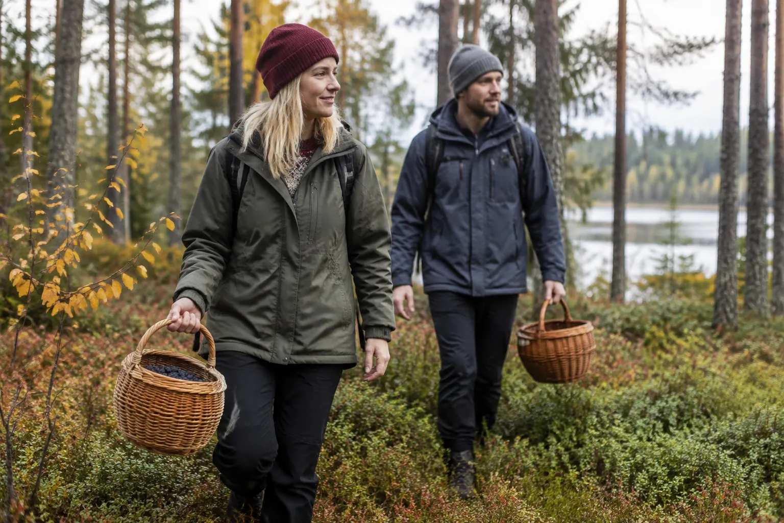 Seasonal berry pickers carrying baskets through a Finnish forest