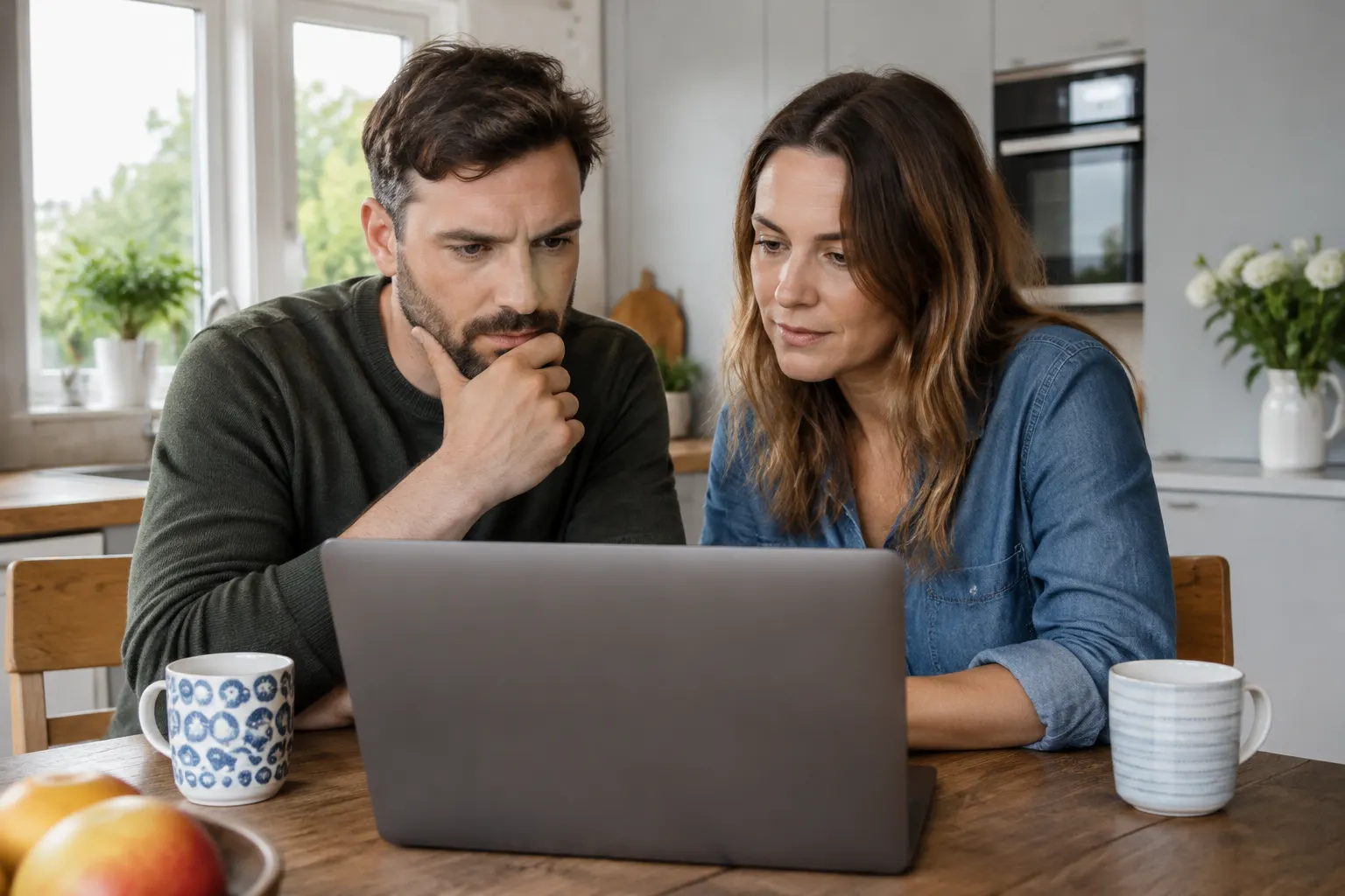 Two adults considering an online immigration application at home