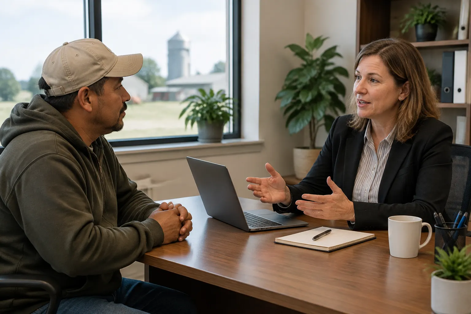 Worker and employer representative discussing workforce planning in an office