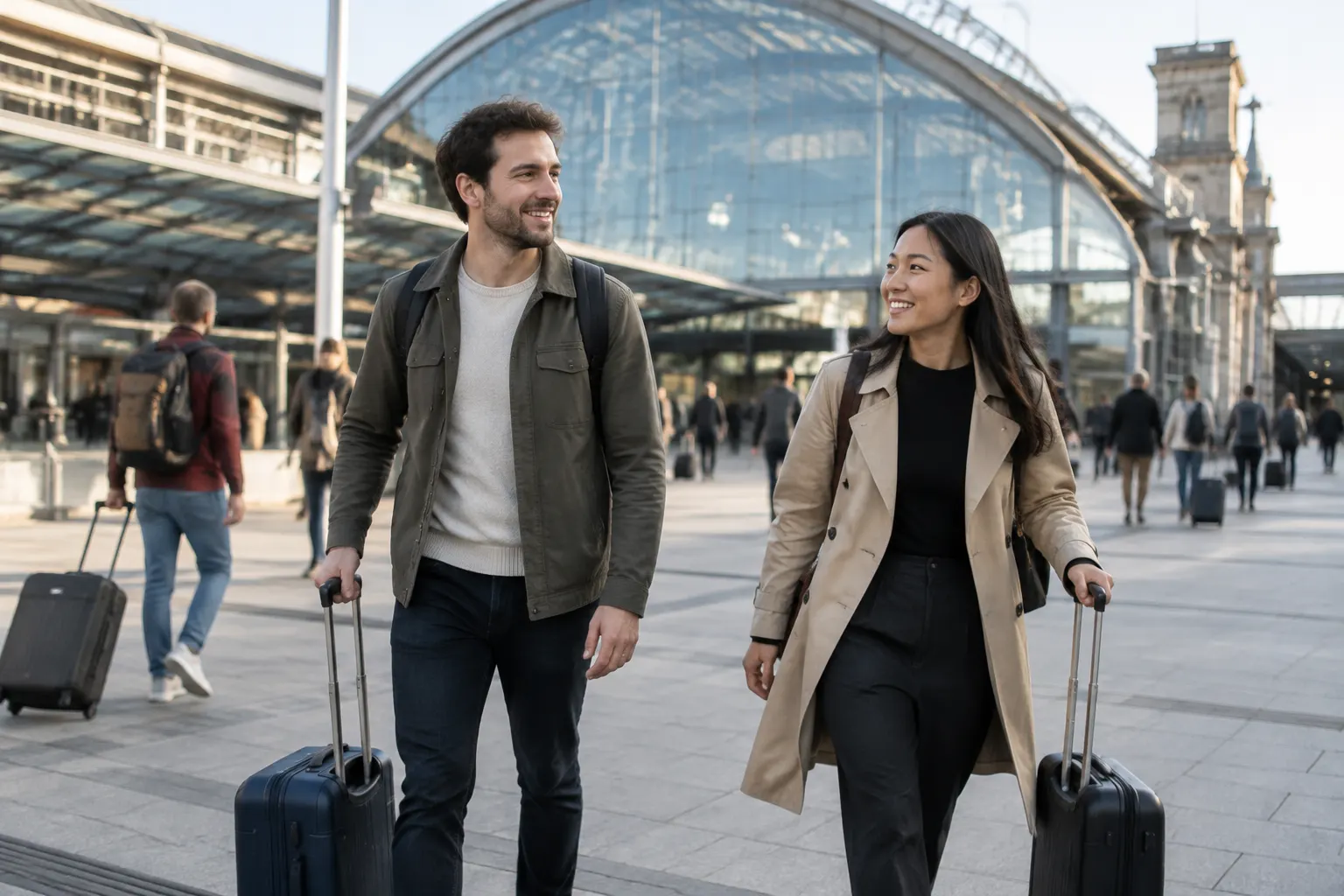 Travellers with suitcases outside a contemporary railway station in Germany